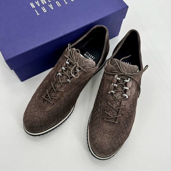 NWT Stuart Weitzman Relay Quilted Suede Sneakers Lead Brown Globe Shoes 8.5 N - Picture 3 of 13